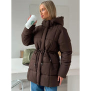 Brown Hooded Quilted Cotton Jacket Fashion Waist Cinch Drawstring Zip Pocket Warm Coat 2026 Women's Winter Casual Street Outfit