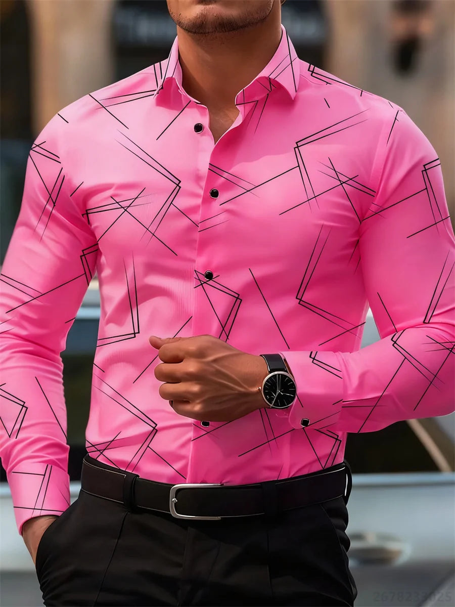 Men's Slim Fit Long-Sleeved Geometric Line Print Shirt - Non-Iron