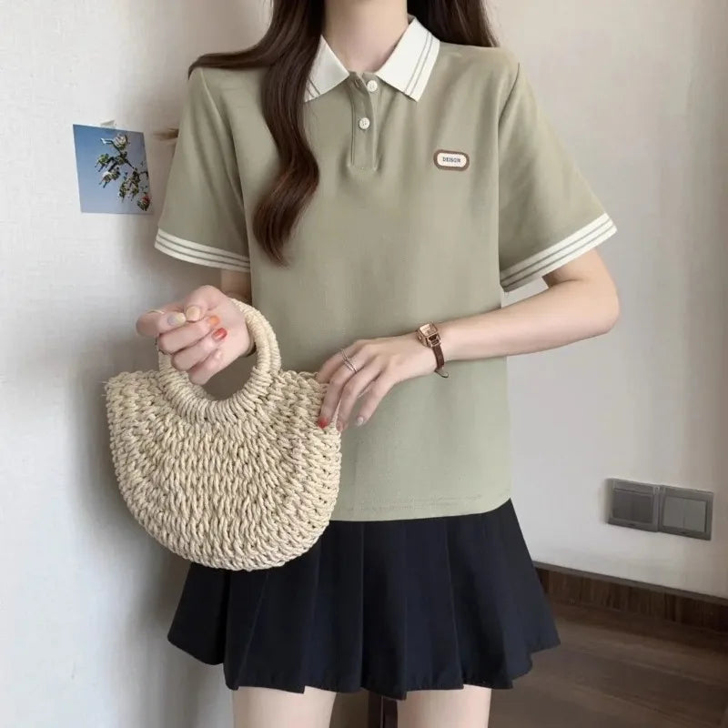Baggy Female Tee Women's Polo Short Sleeve T-shirt Korean Clothing Youthful Elegant in Trend 2025 Sales Youth Aesthetic T-shirts