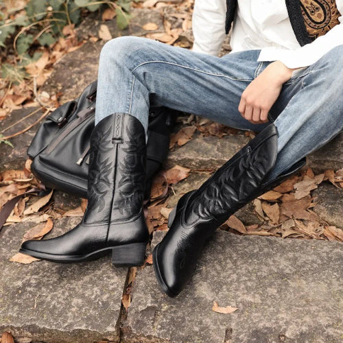 Embroidered Men Knee High Heel Leather Boots Retro European American Western Cowboy Boots Wedge Zip Casual Shoes Botas De Hombre