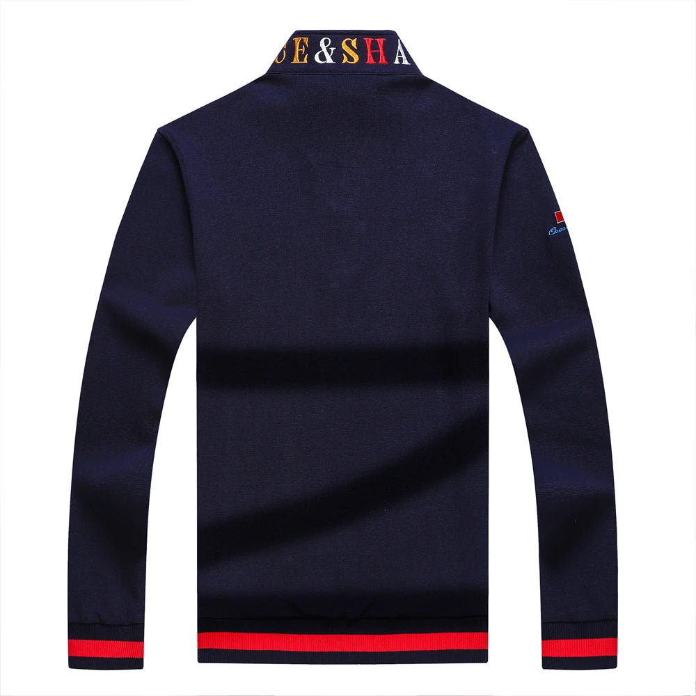 TACE&SHARK Fashion Men‘s Shark Embroidery Long Sleeve Polo Shirt Cotton Casual Wear Business Solid Color Tops