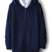 Navy blue hoodie with a white shirt underneath on a white background