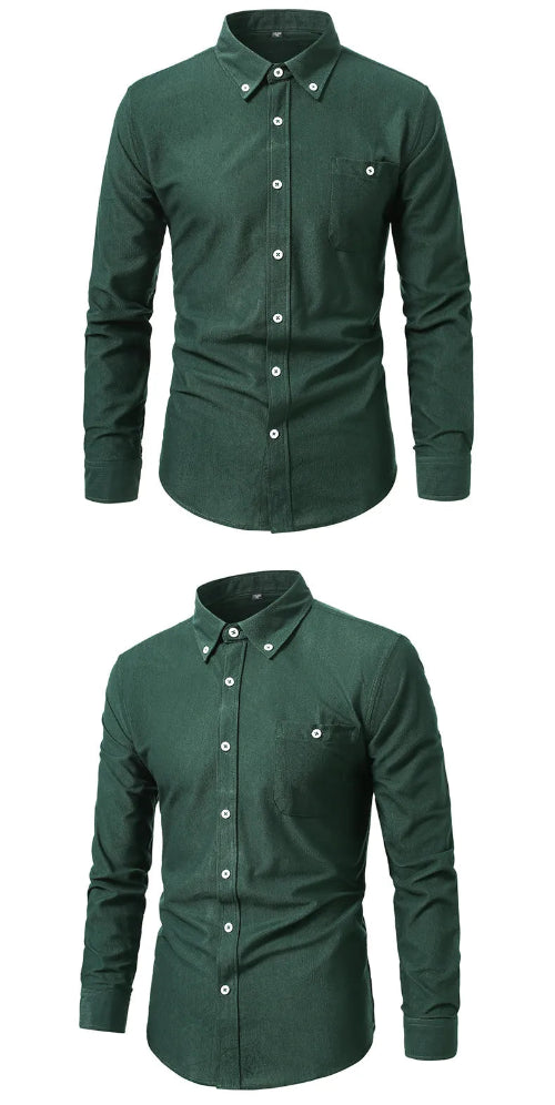 A dark green long-sleeve button-down shirt shown in two views against a plain white background.