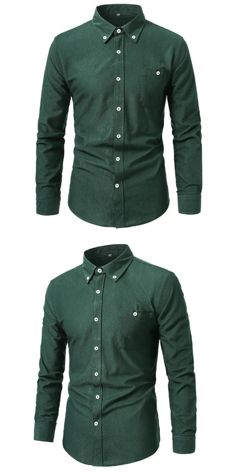 A dark green long-sleeve button-down shirt shown in two views against a plain white background.