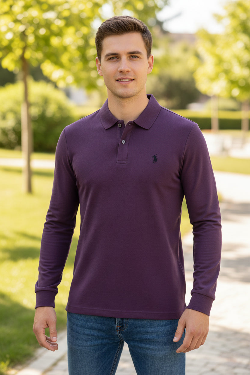Purple long-sleeve polo shirt on a rack with other colored shirts