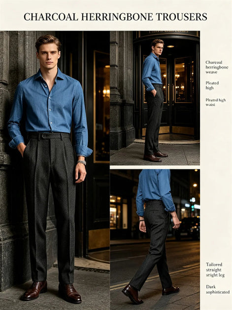 Promotional collage showing the charcoal herringbone pleated suit trousers