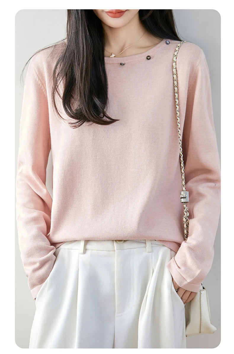 High end fashion 100% pure cotton women's sweater casual knitted round neck pullover autumn and winter solid color women's top
