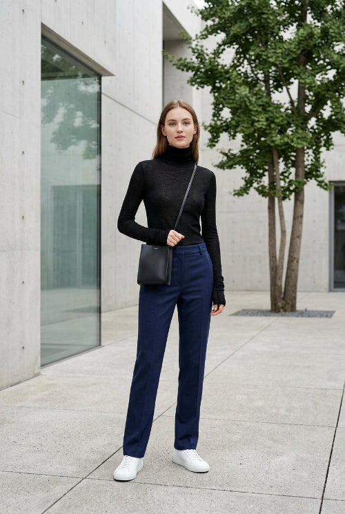 A person wearing a black sheer long-sleeve mock neck top and black wide-leg pants, carrying a small black crossbody bag, standing against a beige tiled wall.