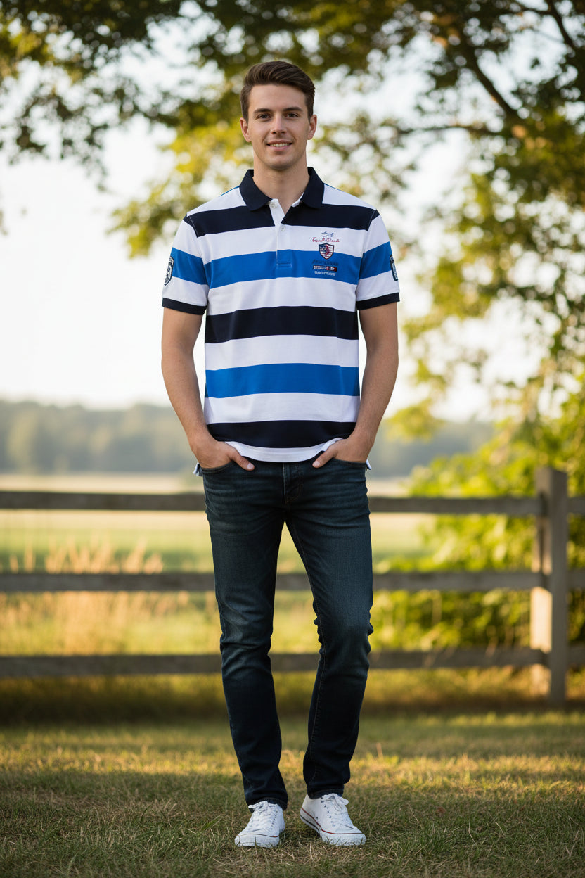 A men's short-sleeve polo shirt with horizontal stripes in white, black, and blue. The shirt features a black collar, a left chest crest with 'Cape Town Coastal Club' text, and a mock neck collar.