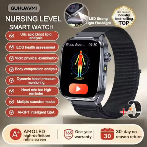 Smartwatch with features listed on a promotional graphic, including LED flashlight and health monitoring functions.