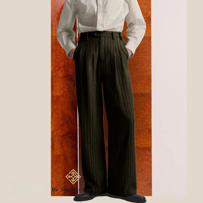 Men's Striped Dress Pants Old Money Wide Leg Baggy Pleated Casual Pinstriped Trousers Loose Fit Elastic Waist Vintage Slacks