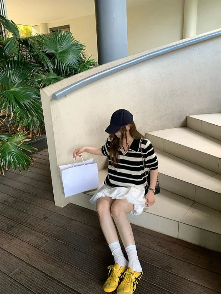Women High Stretch Polo Shirt 2026 Stripe Short Sleeve Top Casual Color Block Splicing Openwork Knit Blouse