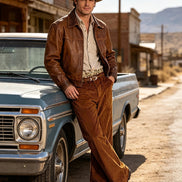 A man wearing a brown leather jacket, brown corduroy pants, a cream shirt, and a cowboy hat leans against a light blue vintage pickup truck 