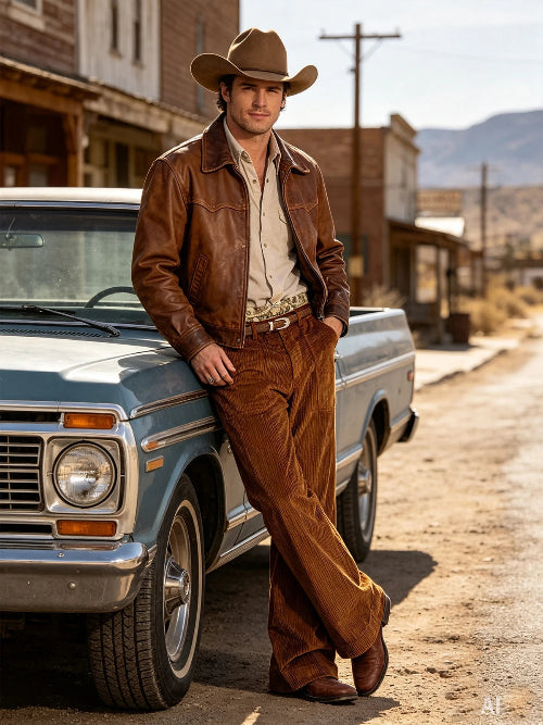 A man wearing a brown leather jacket, brown corduroy pants, a cream shirt, and a cowboy hat leans against a light blue vintage pickup truck 
