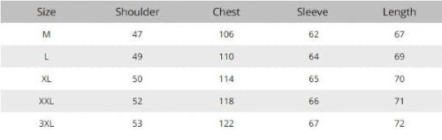 Measurement chart for shoulder, chest, sleeve, and length in millimeters across different size categories.