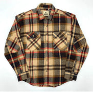 A long-sleeve plaid button-up shirt laid flat on a white background. The shirt features a classic tartan pattern in beige, brown, 