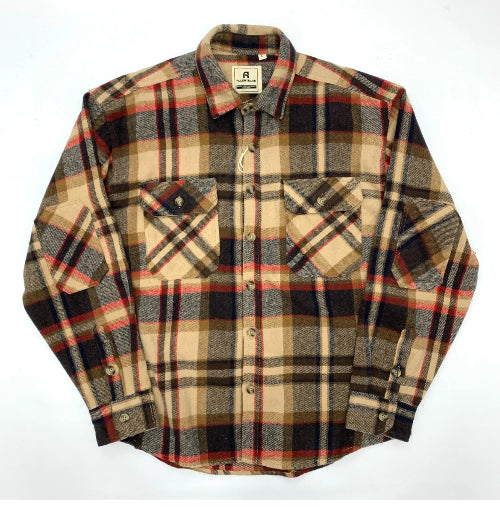A long-sleeve plaid button-up shirt laid flat on a white background. The shirt features a classic tartan pattern in beige, brown, 