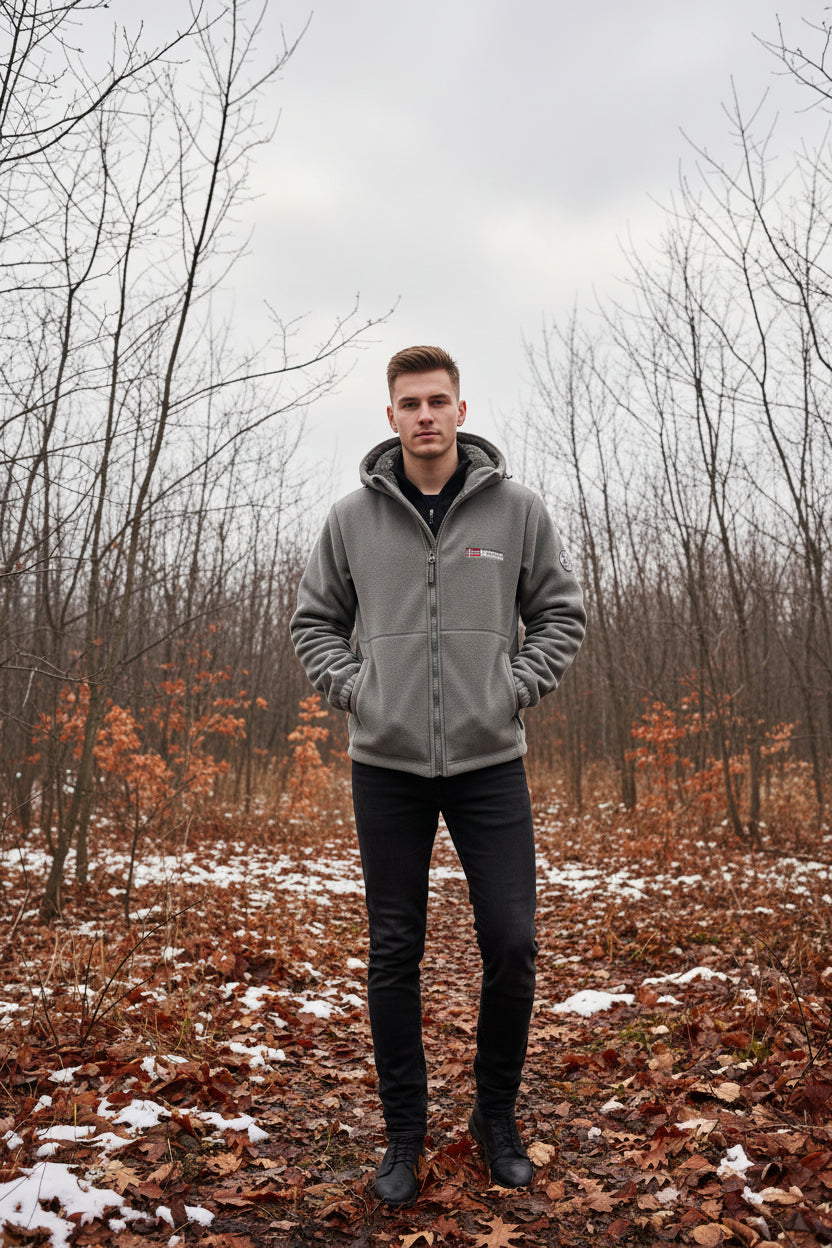 Gray jacket with brand logo on a white background