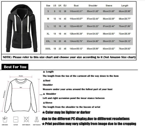 Size chart for a black hoodie with measurement details.