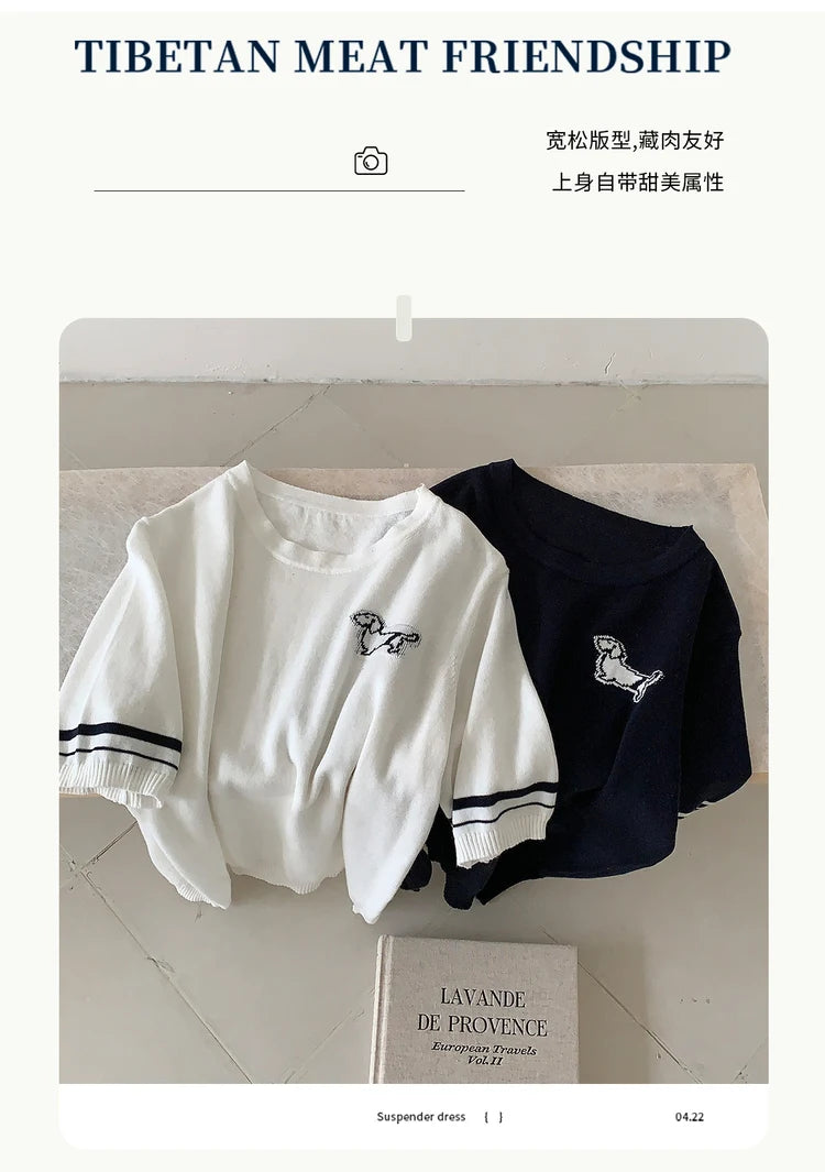 Summer 100% cotton women's T-shirt casual solid color knitted pullover short sleeved loose round neck Tees Pull embroidered Tops