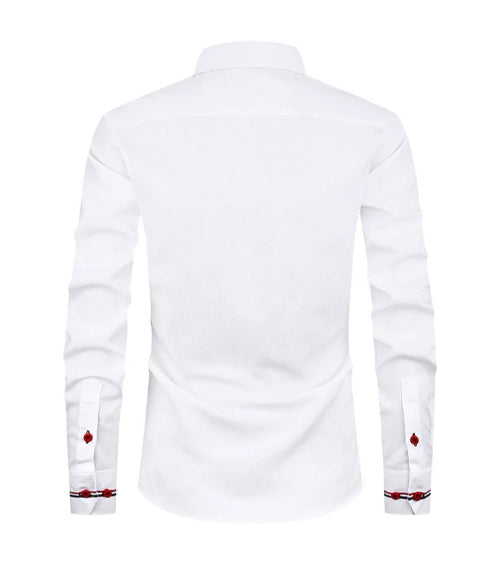 White long-sleeve dress shirt shown from the back, featuring red embroidered diamond details on the cuffs.