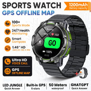 A black sports watch with a textured link band, shown on a white background with promotional text highlighting features like GPS offline map, 1200mAh battery, 
