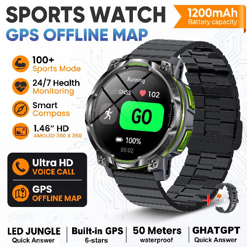 A black sports watch with a textured link band, shown on a white background with promotional text highlighting features like GPS offline map, 1200mAh battery, 