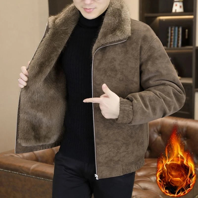 Winter Fleece and Thickened Leather Jacket for Men with A Fur Collar Warm and Casual American High-end Faux Fur One-piece Jacket