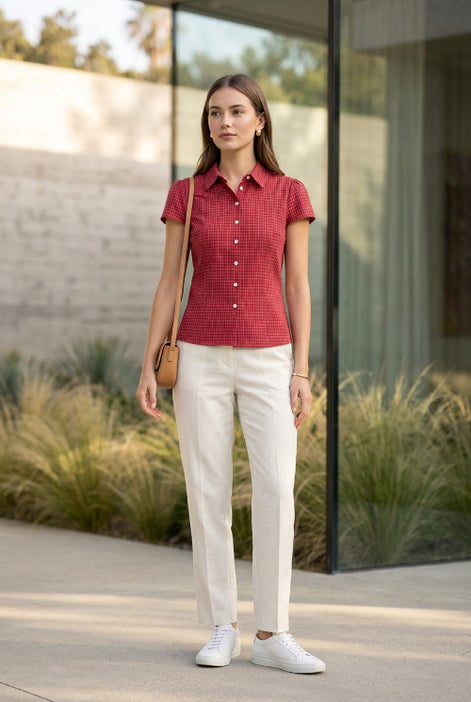 Red checkered shirt with a tag on a light gray background