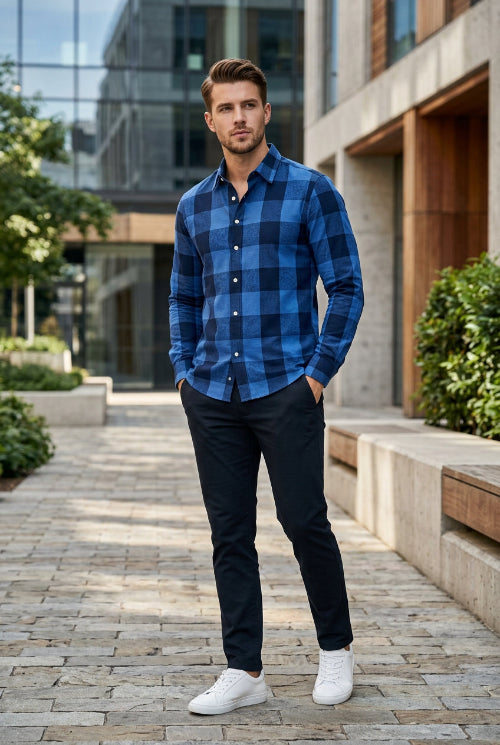 A man wearing a long-sleeve button-up shirt with a bold blue and navy buffalo plaid pattern, standing in an office environment.