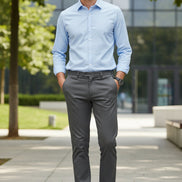 Gray pants shown from front and back on a gray background