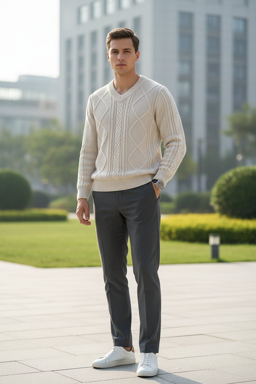 Folded white sweater in a black box with a watch on a dark surface
