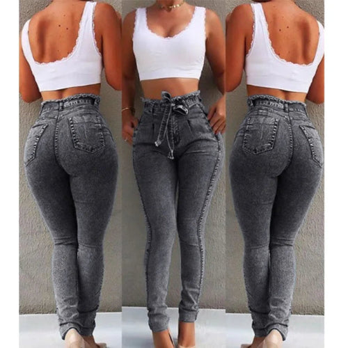 Three views of a person wearing gray high-waisted jeans and a white crop top against a neutral background.