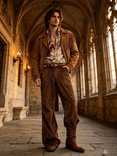 A man stands in a stone corridor wearing a brown suede fringe jacket, matching brown corduroy pants, brown cowboy boots, and a patterned shirt with a red necktie.