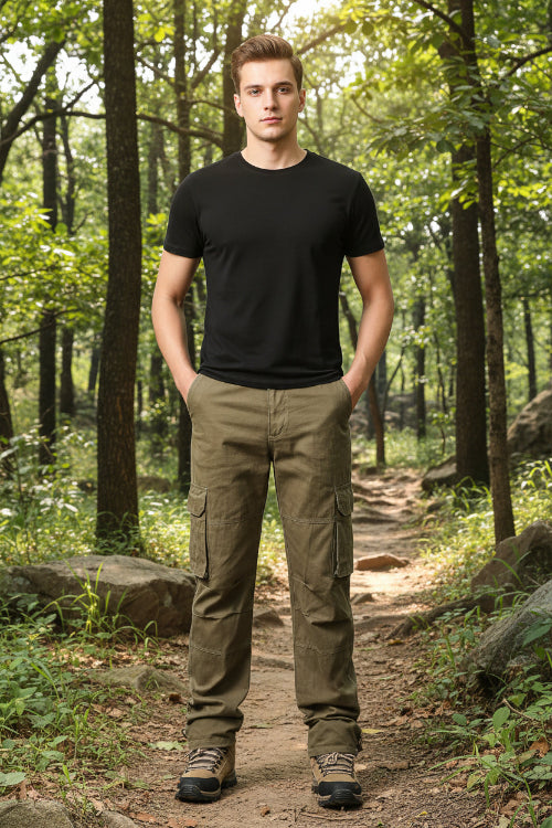 Khaki cargo pants worn by a person on a white background