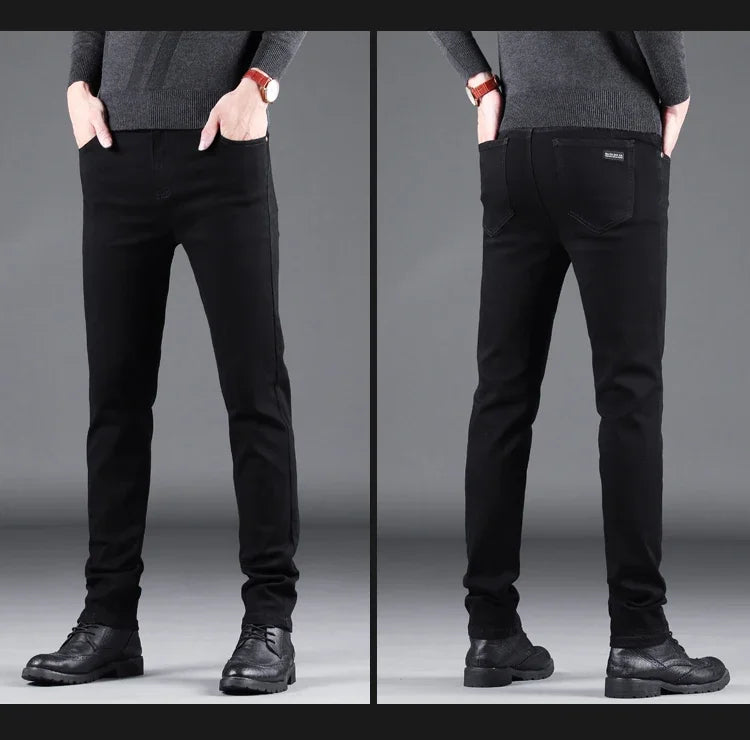 Black pants shown from front and back on a gray background