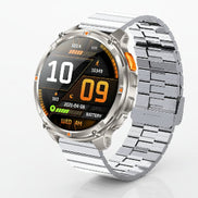 Smartwatch with metallic band on a dark background, highlighting features like 1100mAh battery 