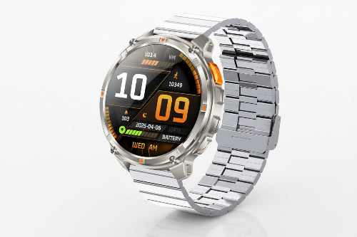 Smartwatch with metallic band on a dark background, highlighting features like 1100mAh battery 