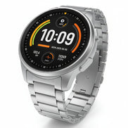 Smartwatch with metallic band on a dark background, highlighting features like 1100mAh battery and IP68 waterproof rating.