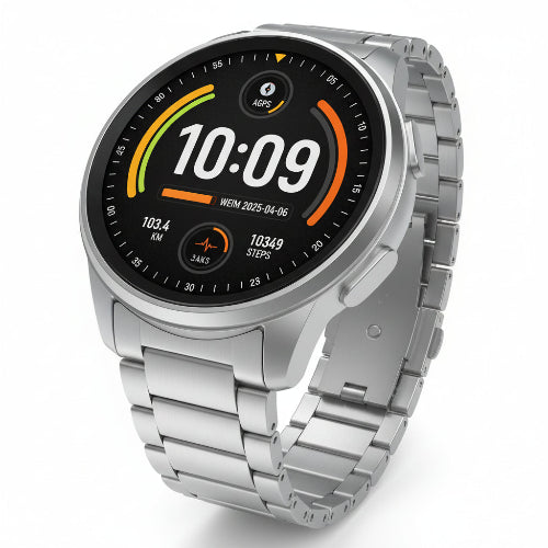 Smartwatch with metallic band on a dark background, highlighting features like 1100mAh battery and IP68 waterproof rating.