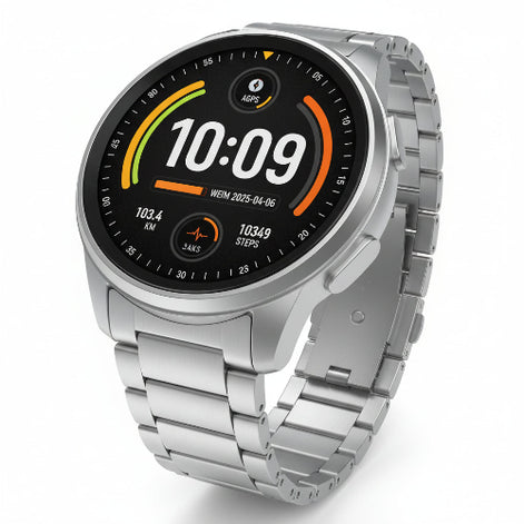 Smartwatch with metallic band on a dark background, highlighting features like 1100mAh battery and IP68 waterproof rating.