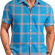 Blue plaid short-sleeve shirt worn by a person on a white background