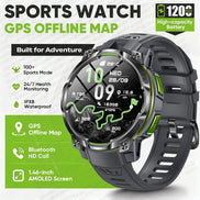A rugged sports watch with a dark gray and black strap and case, featuring bright green accents and a digital display. The image includes marketing text such as 'SPORTS WATCH GPS OFFLINE MAP' 