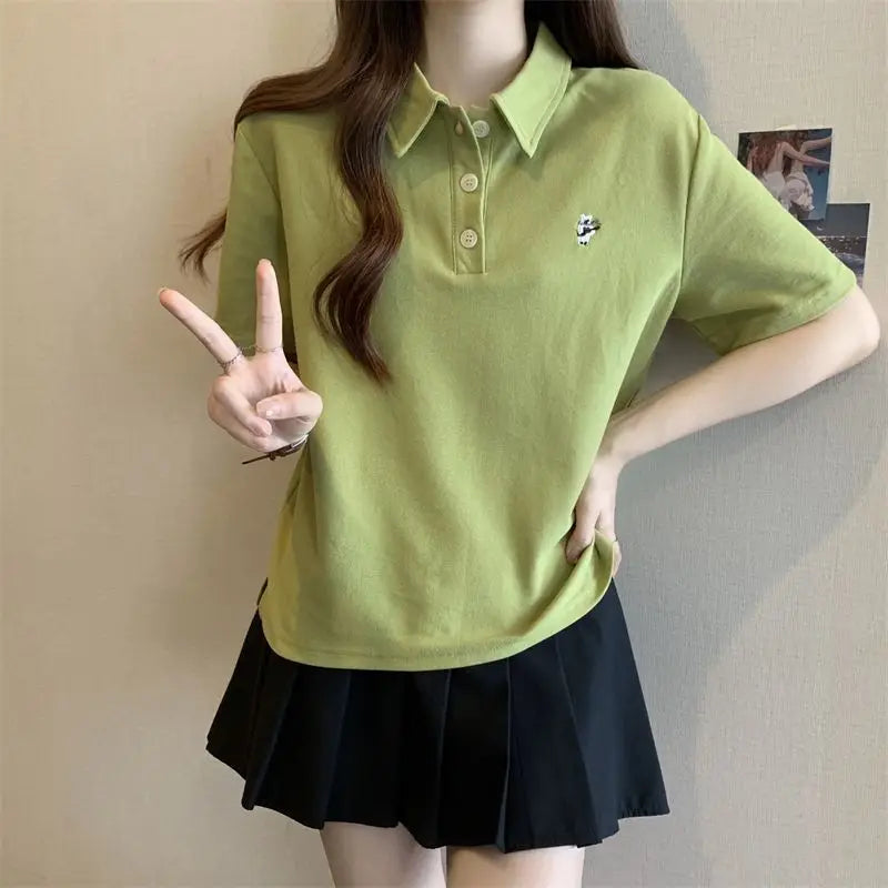Pink Woman 100℅ Cotton Tshirt Embroidery Polo Neck T Shirt for Women Korean Clothing Y2k Fashion High Quality Youthful Elegant