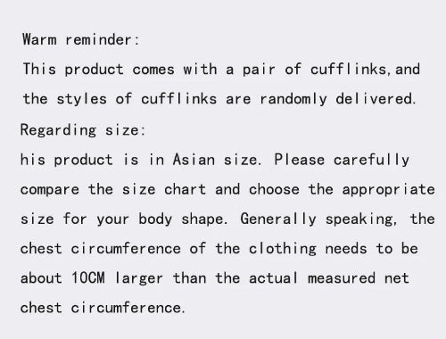 Text message about product details, including cufflinks and size information.