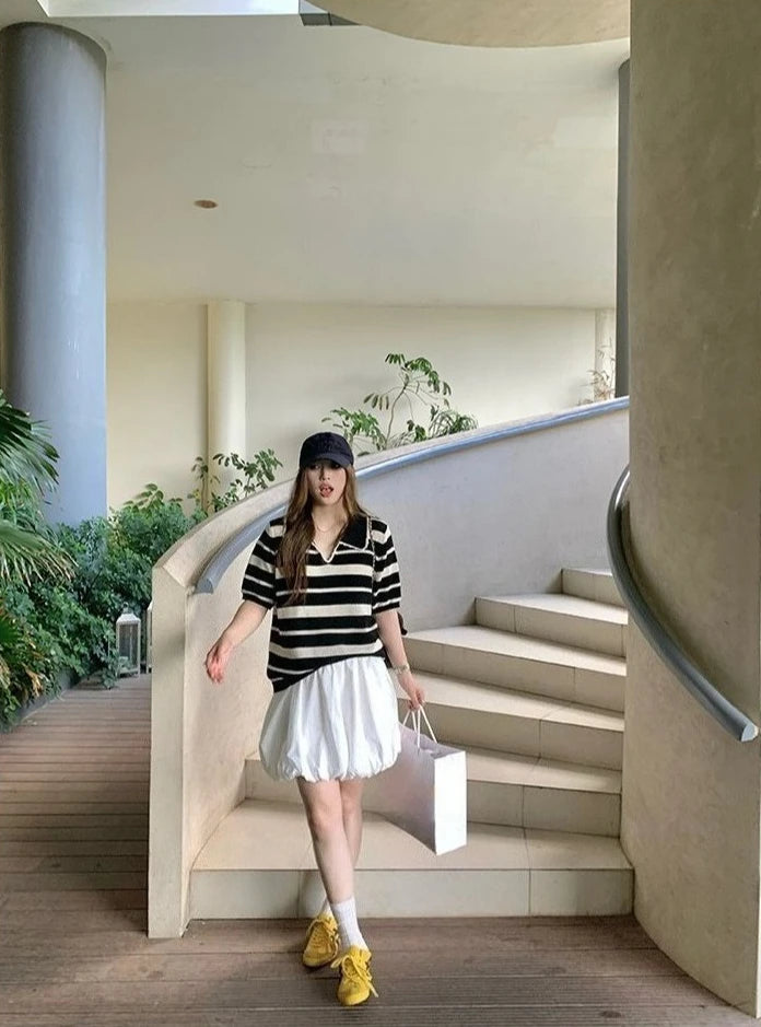 Women High Stretch Polo Shirt 2026 Stripe Short Sleeve Top Casual Color Block Splicing Openwork Knit Blouse