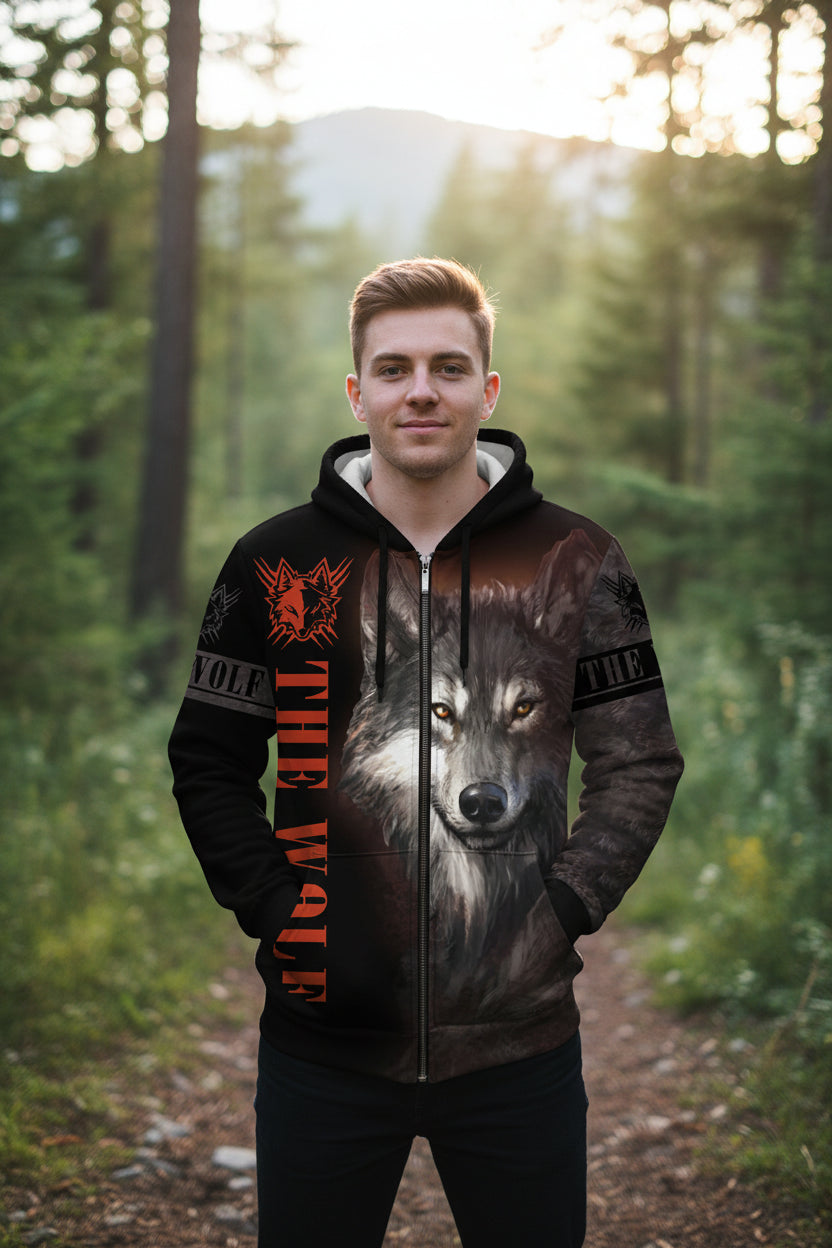 Hoodie with a wolf design and 'The Wolf' text on a white background