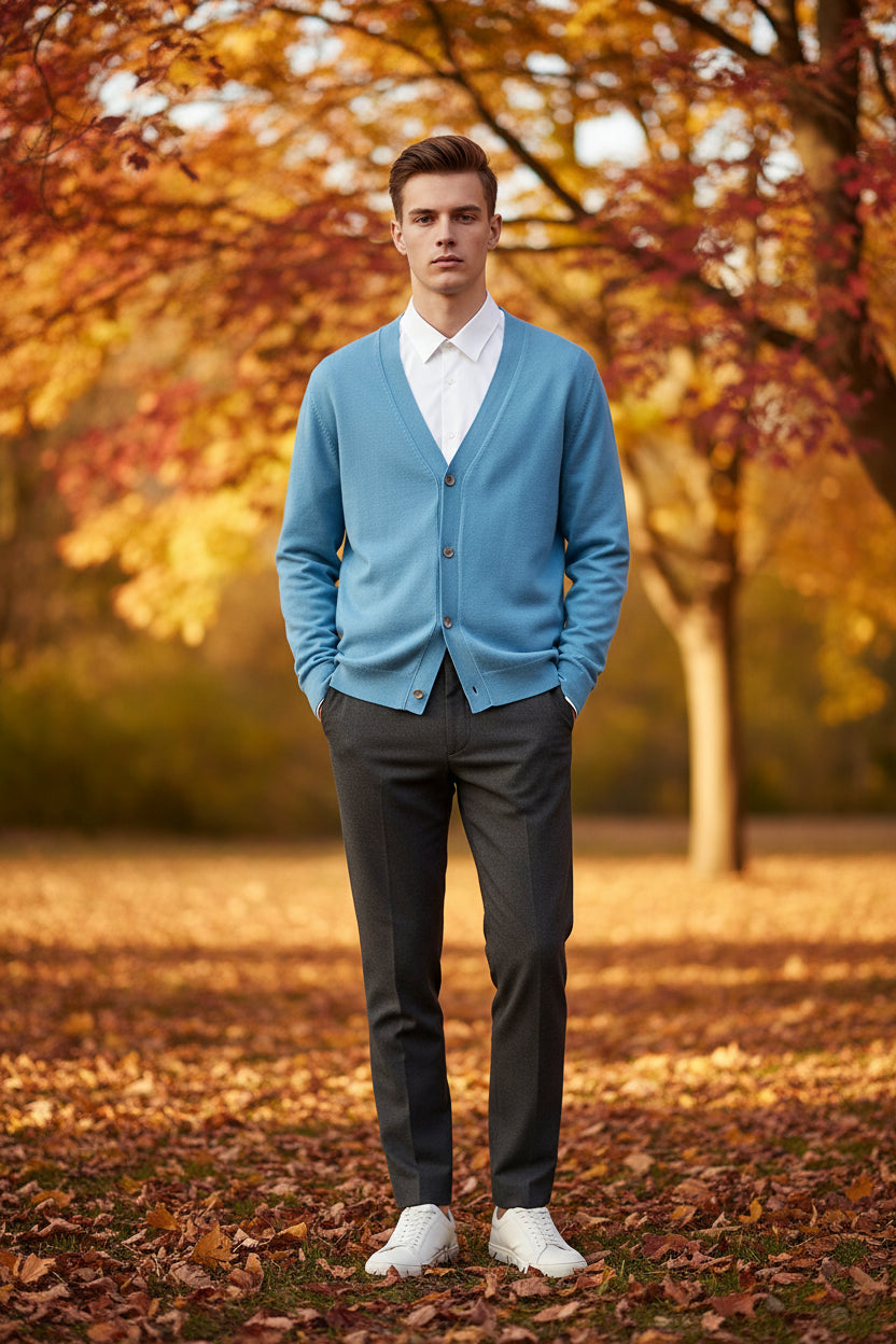 Blue cardigan over a white shirt on a wooden hanger against a dark background
