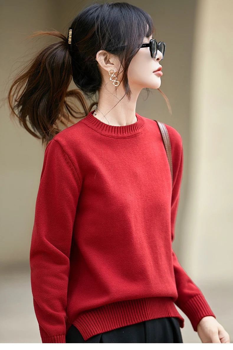 Women's autumn and winter 100% pure cotton knitted round neck soft pullover casual solid color warm sweater fashionable hot sell