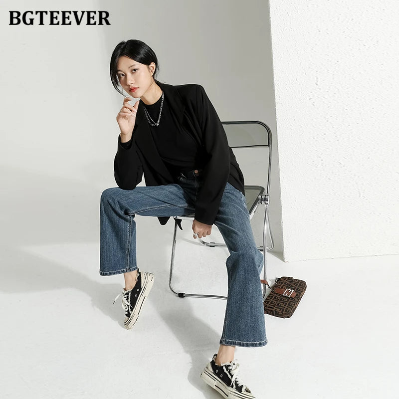 BGTEEVER Vintage Double Buttons Straight Jeans Pants Women Spring Autumn High Waist Loose Pockets Female Wide Leg Denim Trousers